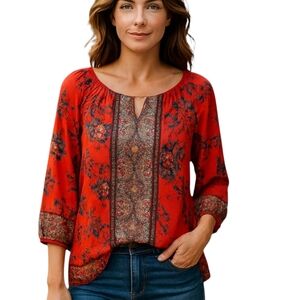 Anthropologie: Figueroa & Flower Romantic Boho-Chic Floral Red Women's Top
